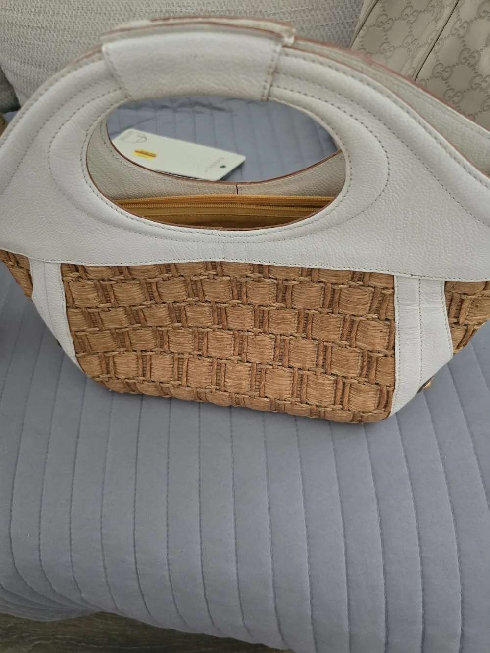 Brahmin White Leather and Natural Woven Tote